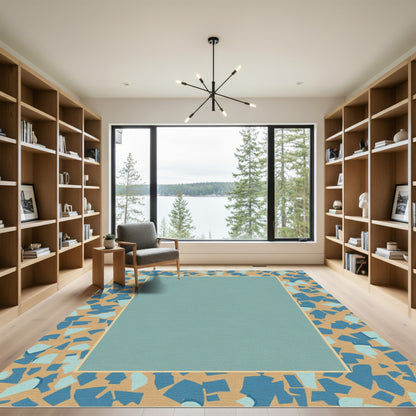Modern Blue Tan Geometric Terrazzo Rug