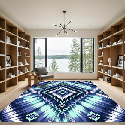 Teal Blue Jagged Diamond Chain Rug