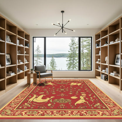 Crimson and Gold Mythical Creature Border Rug