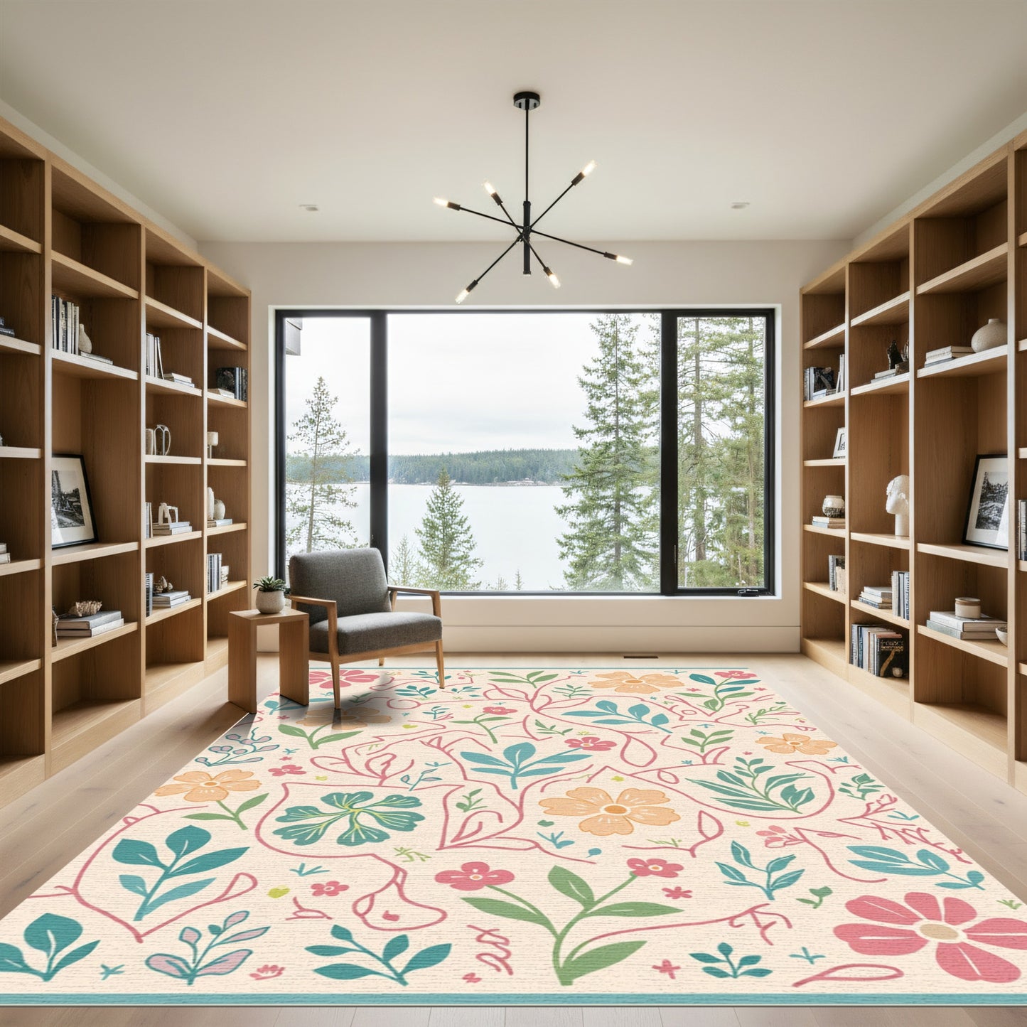 Soft Cream and Coral Floral Vine Art Rug