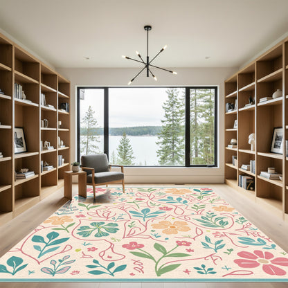 Soft Cream and Coral Floral Vine Art Rug