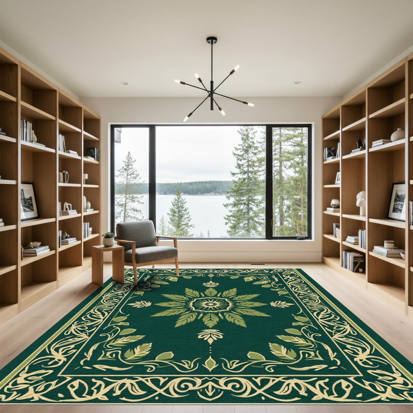 Forest Green Botanical Art Nouveau Rug