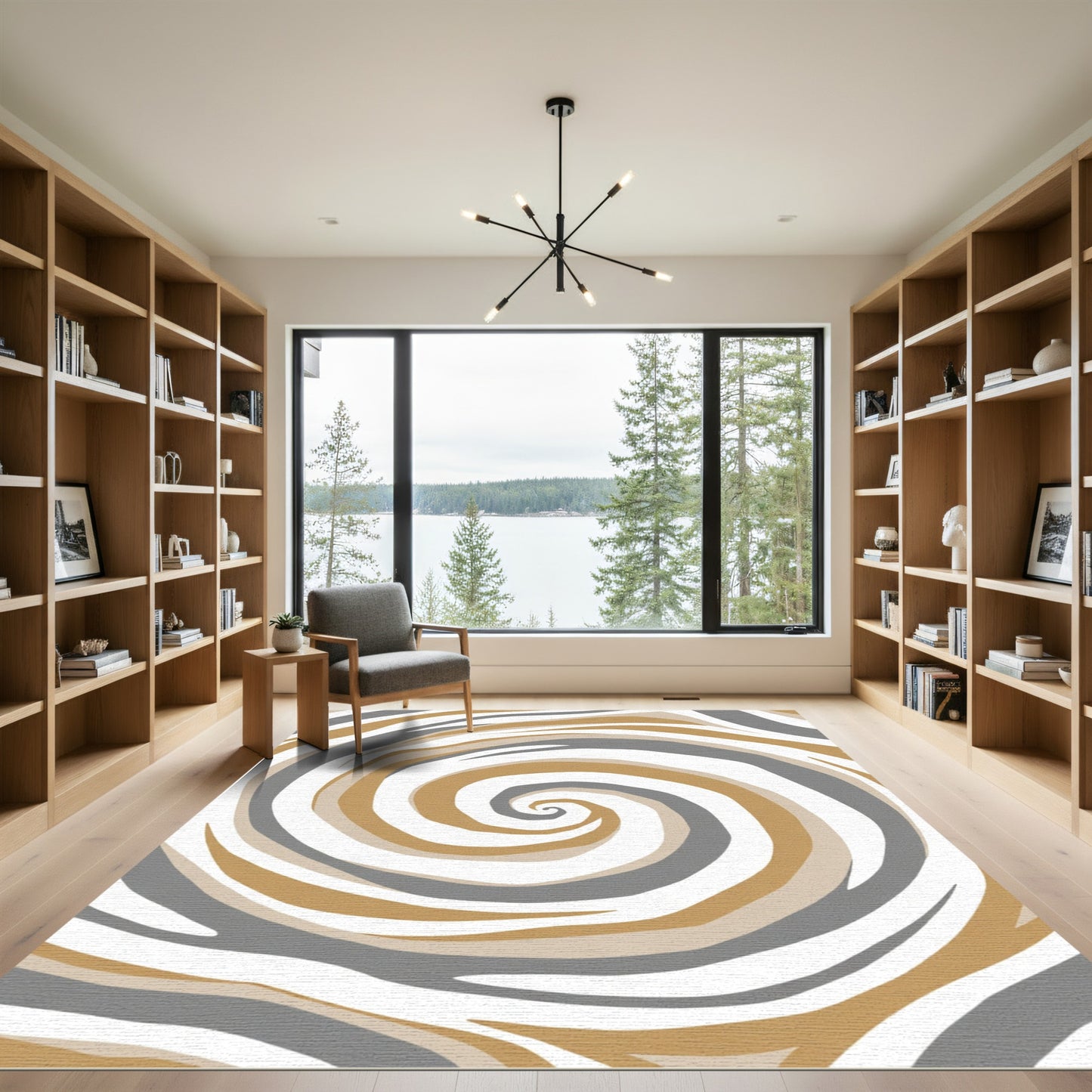 Modern Gold Gray Swirl Lines Rug