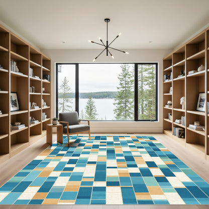 Abstract Blue Golden Brown Rectangle Mosaic Rug