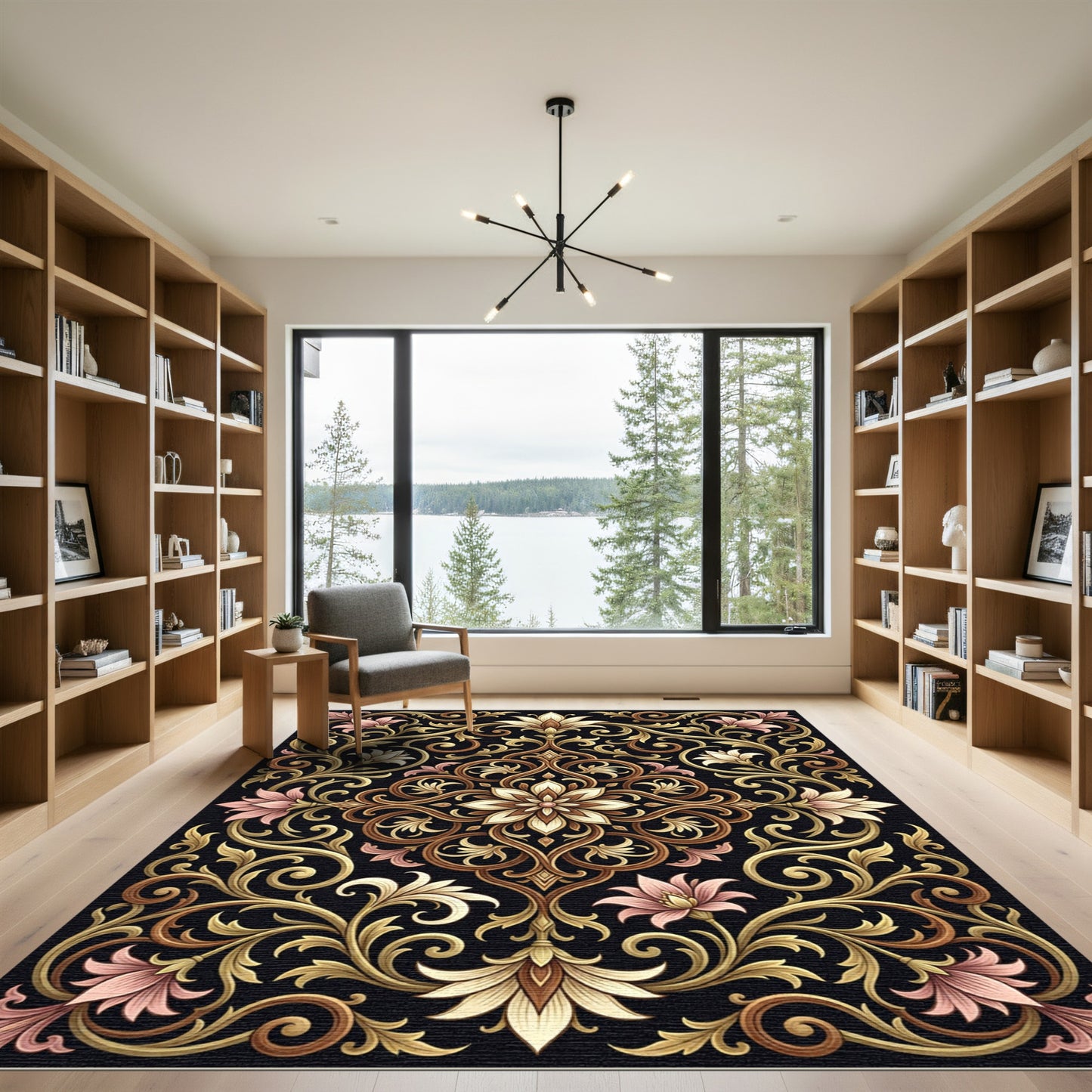 Ornate Black Pink Floral Scroll Rug