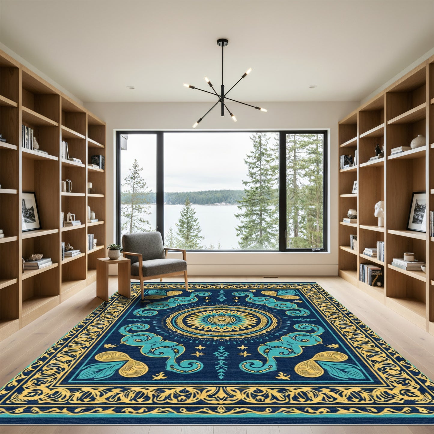 Deep Teal Yellow Mandala Border Rug