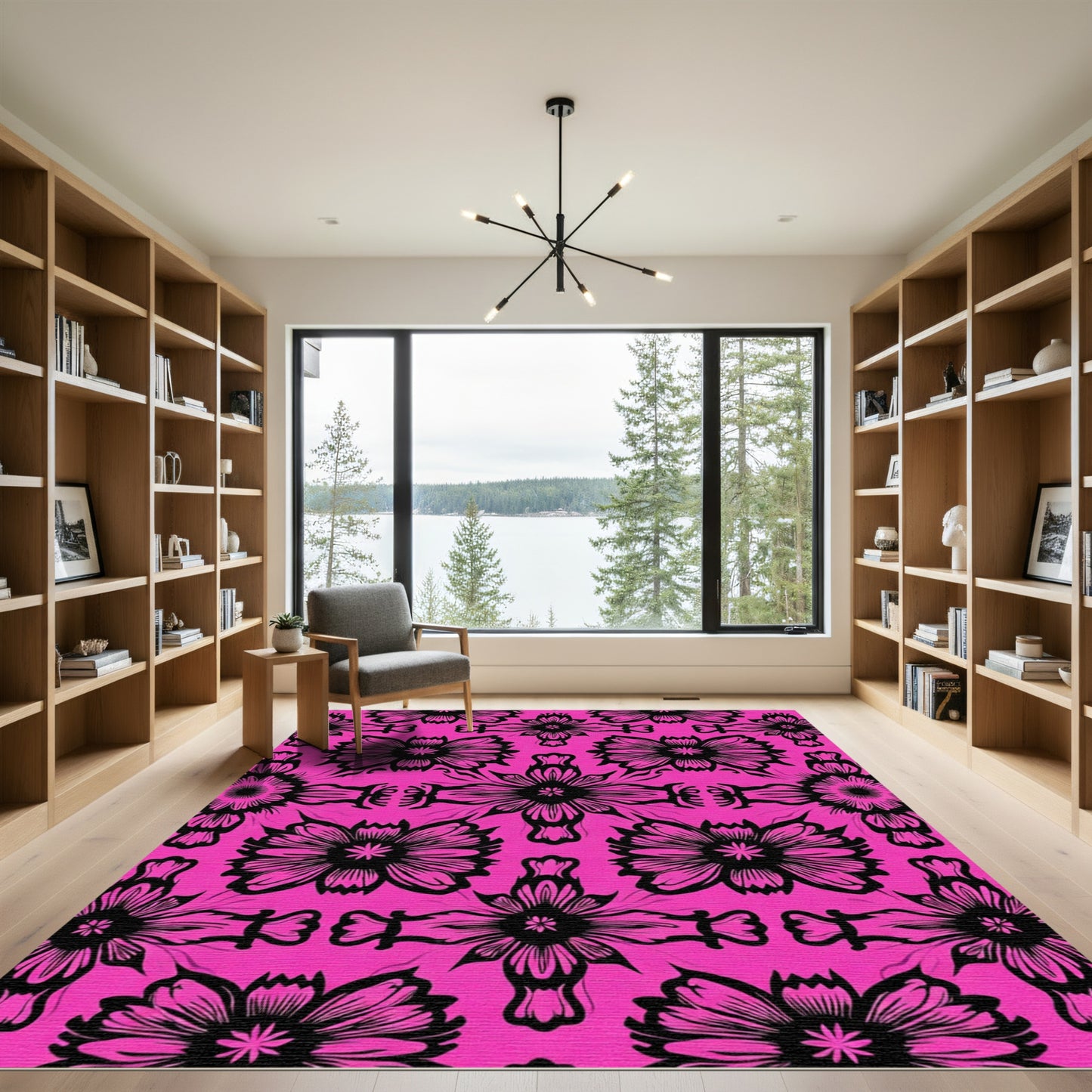 Bold Black Symmetry Floral Pink Background Rug