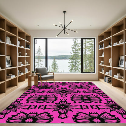 Bold Black Symmetry Floral Pink Background Rug