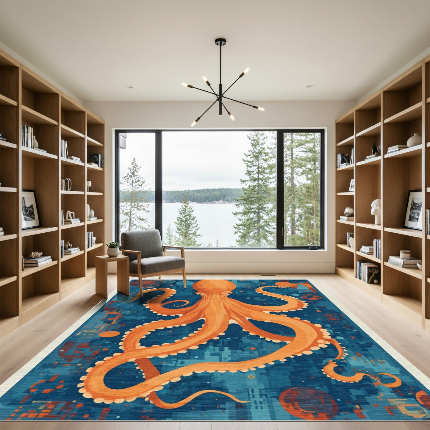 Vibrant Orange Octopus Blue Digital Scene Rug