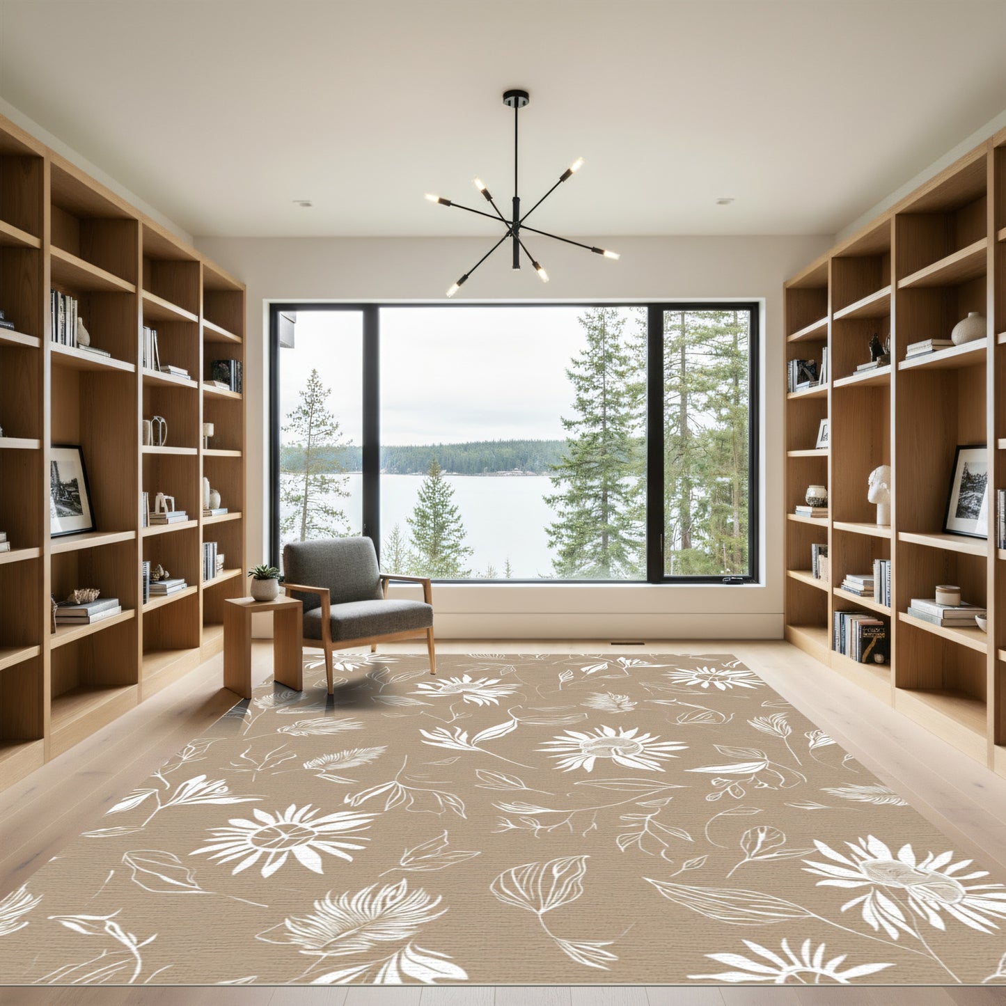 Beige White Line Art Floral Arrangement Rug