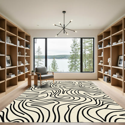 Abstract Cream Black Swirl Rug