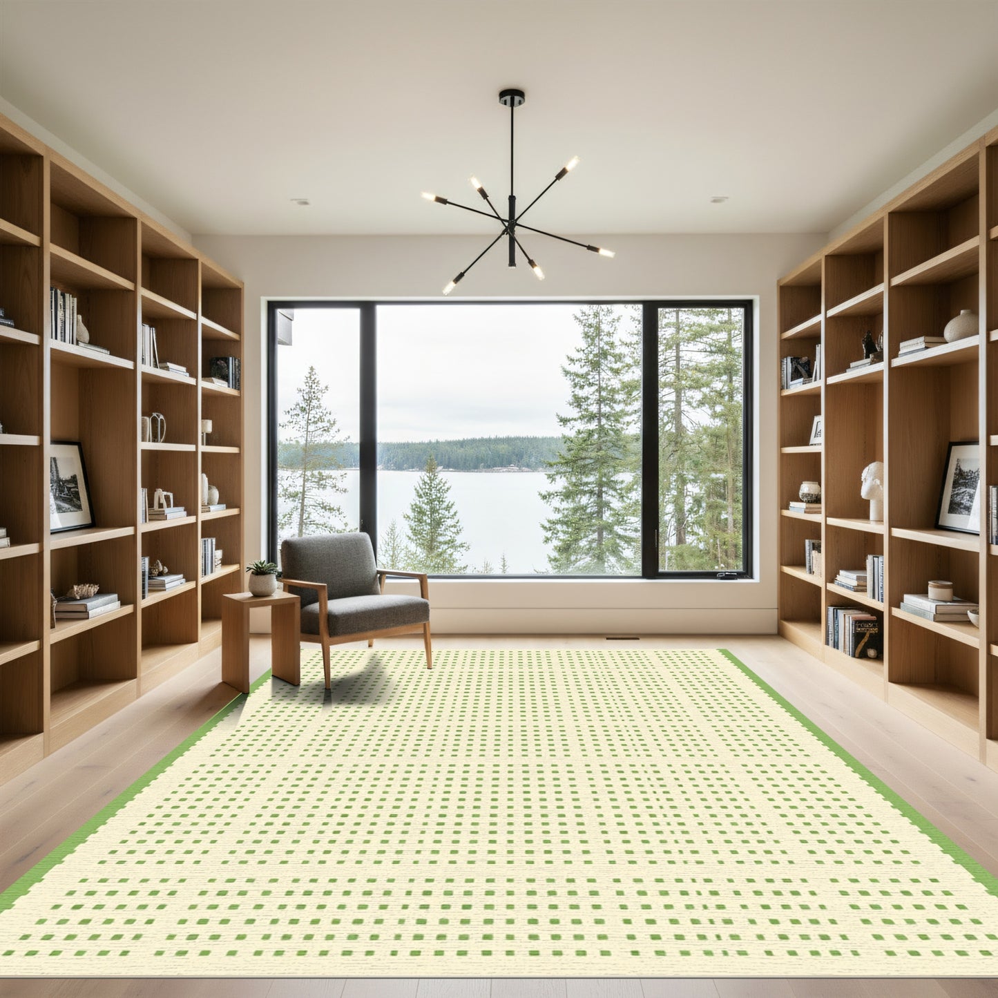 Light Green Gridded Square Repeating Pattern Rug
