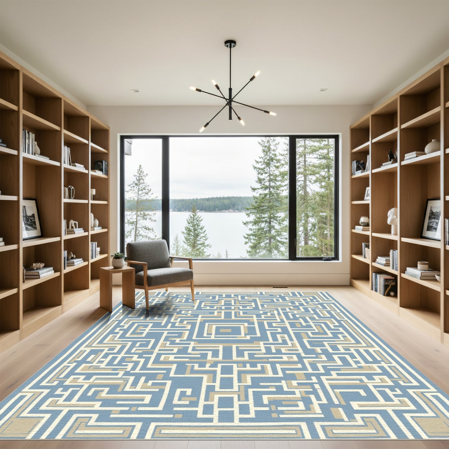 Blue Beige Abstract Labyrinth Rug