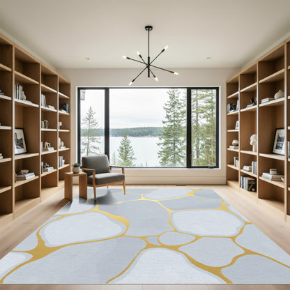 Modern Grey Gold Cracked Stone Rug