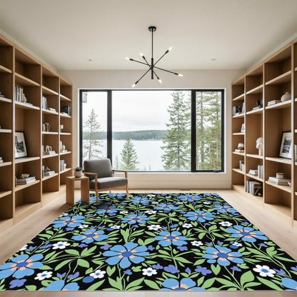 Blue and Peach Floral Garden Black Rug