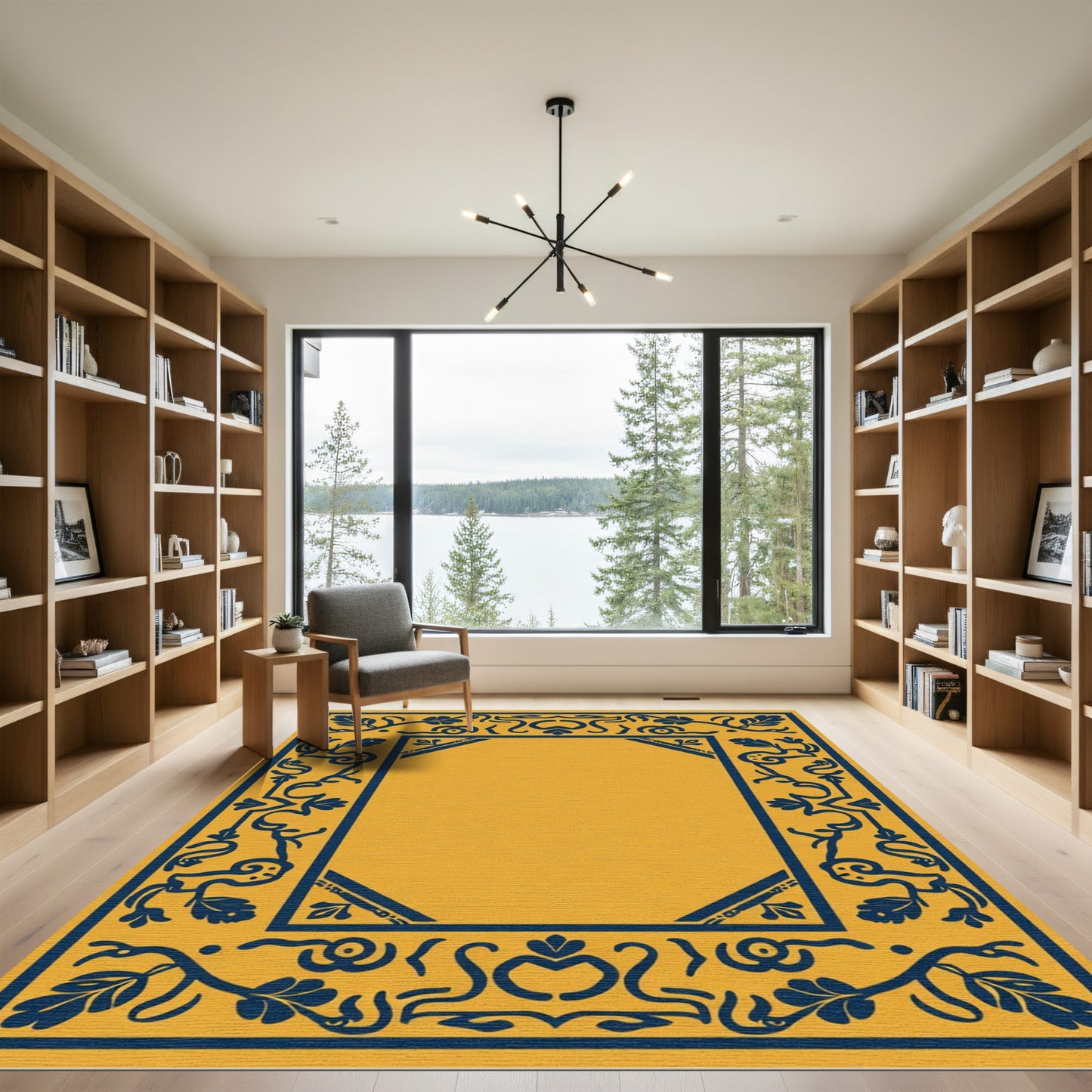 Navy Floral Border Golden Ochre Rug