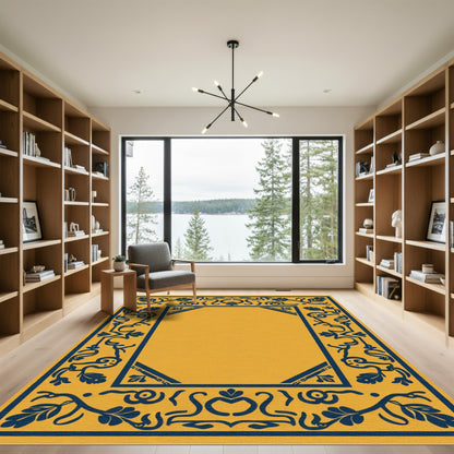 Navy Floral Border Golden Ochre Rug