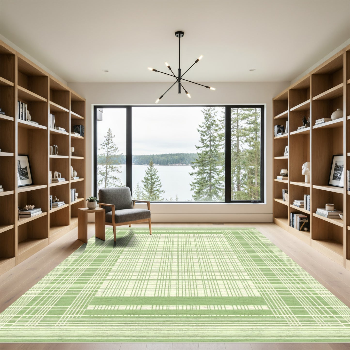 Pale Green Plaid Grid Statement Rug