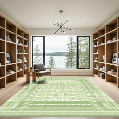 Pale Green Plaid Grid Statement Rug