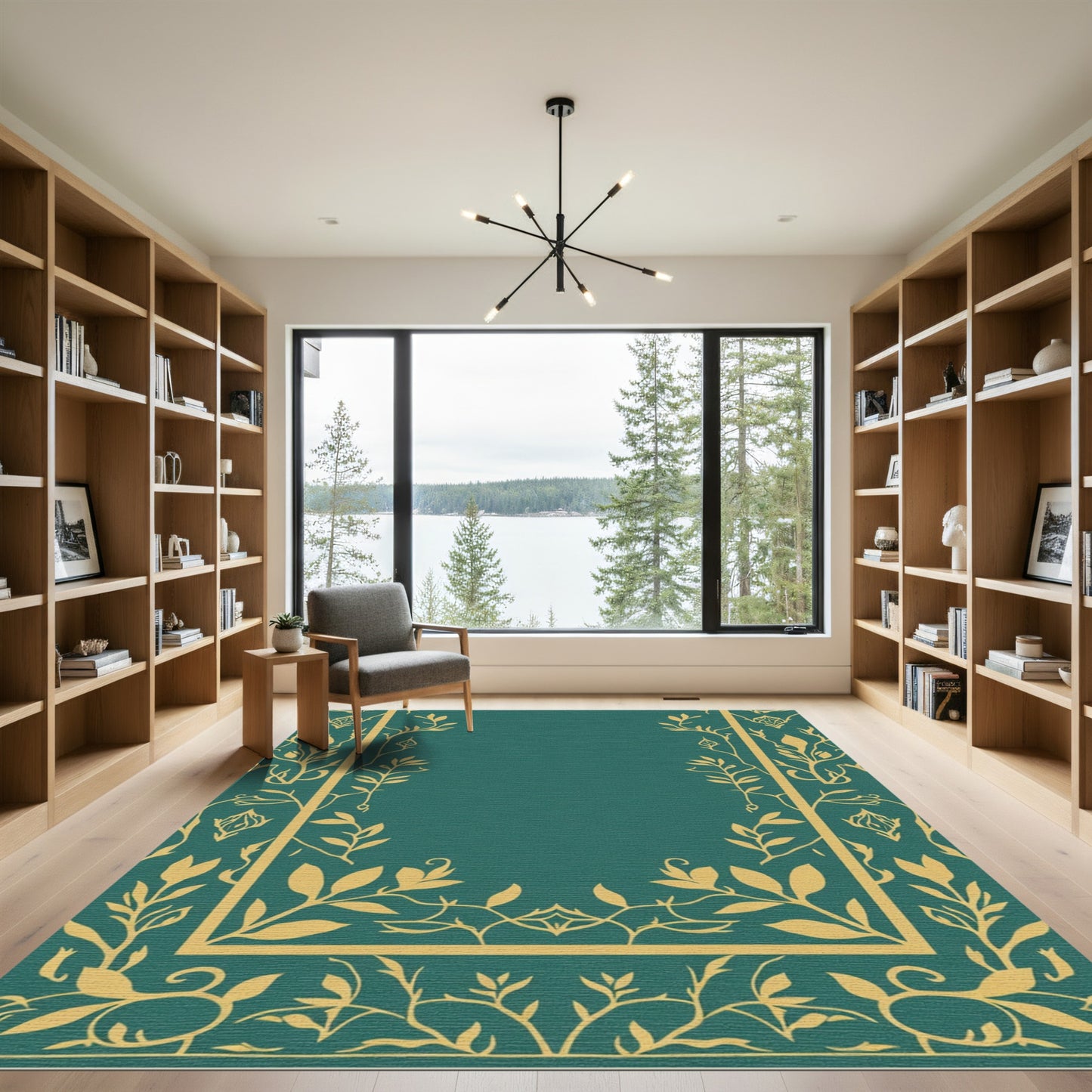 Teal Gold Floral Vine Border Rug
