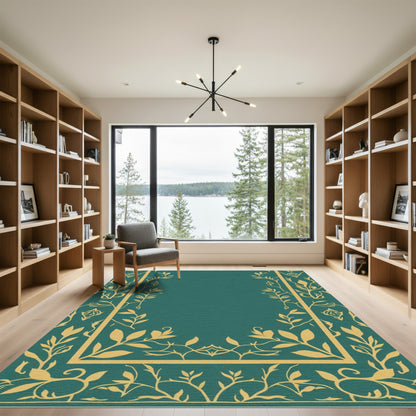 Teal Gold Floral Vine Border Rug