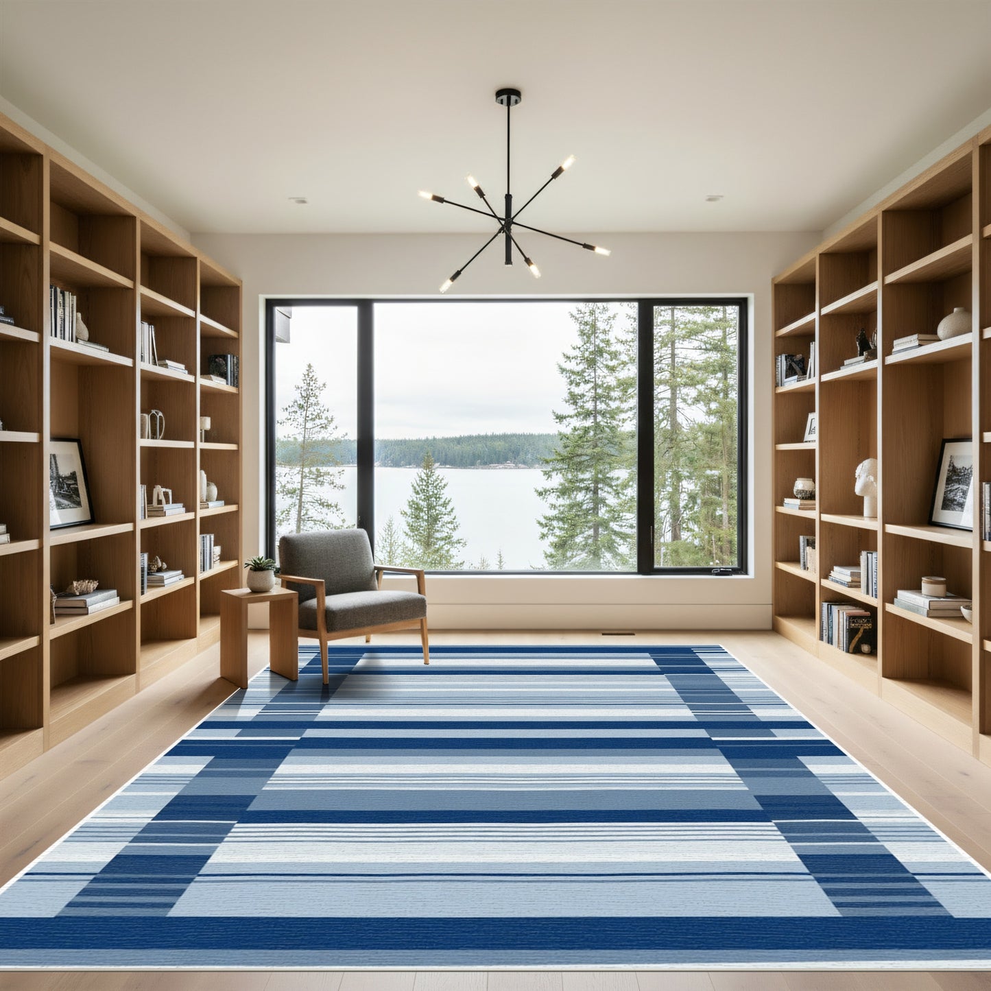Deep Blue Multi Tone Striped Rectangular Rug