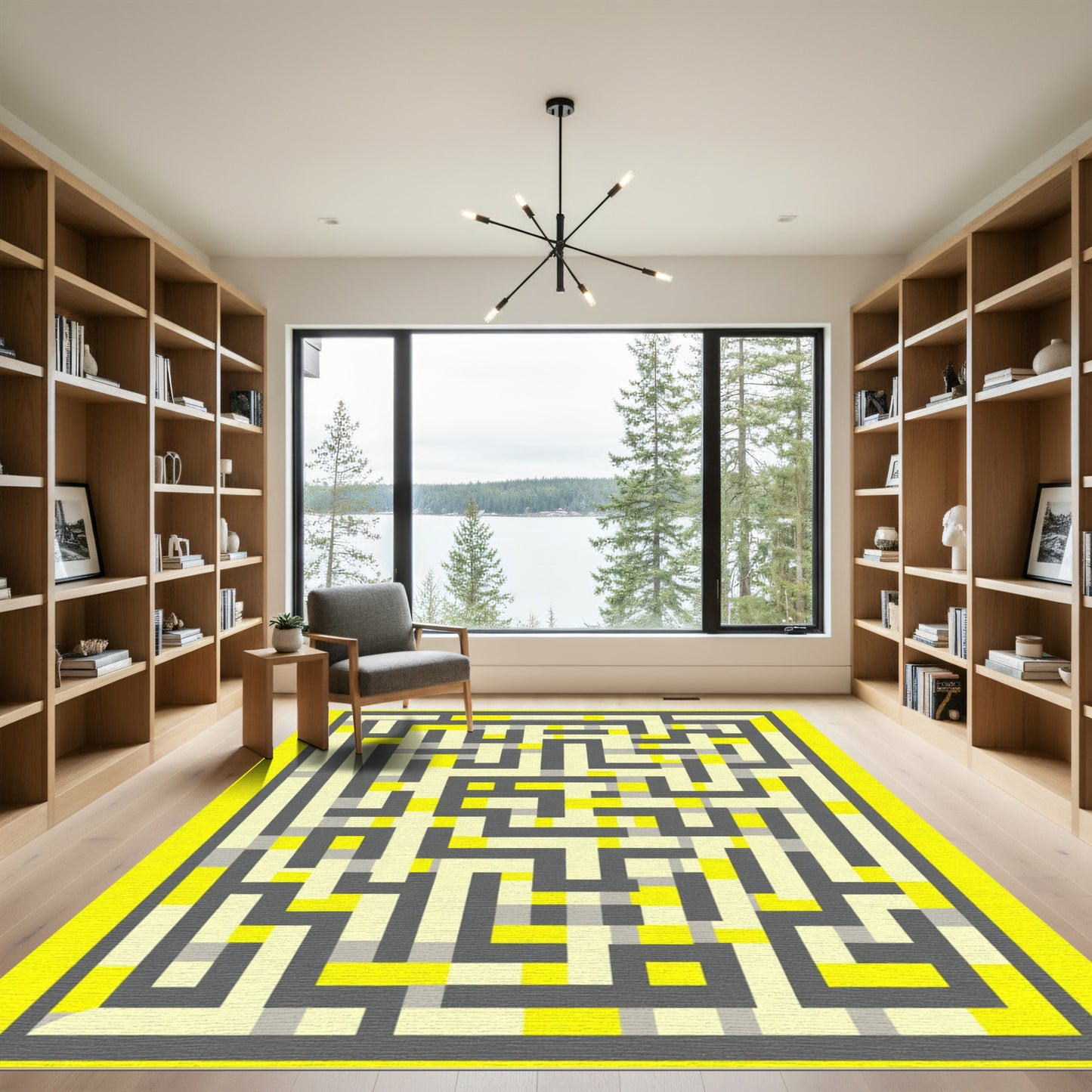 Gray Yellow Geometric Maze Stripes Rug