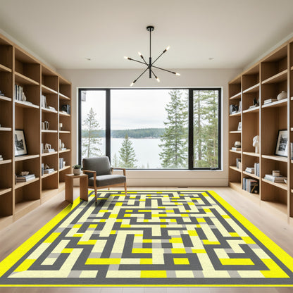 Gray Yellow Geometric Maze Stripes Rug