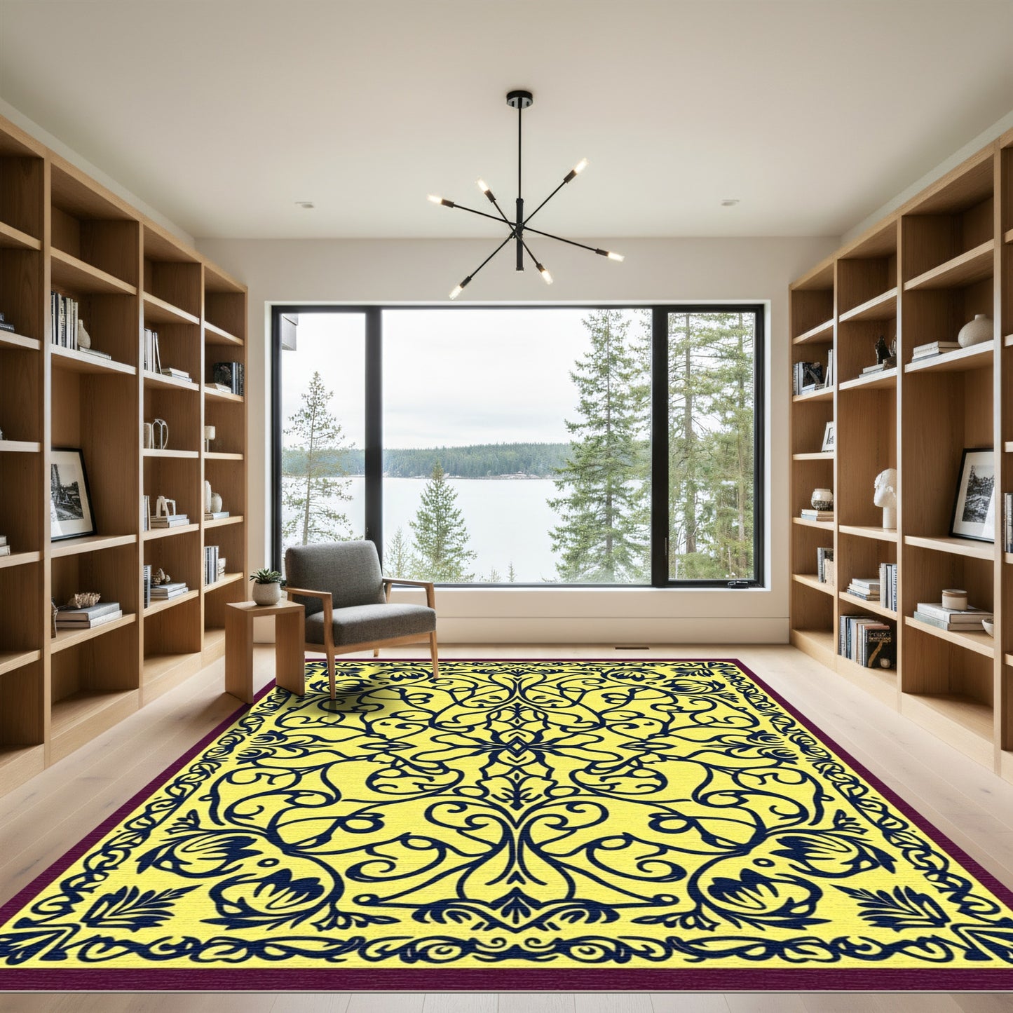 Yellow Indigo Scrolling Floral Vine Rug