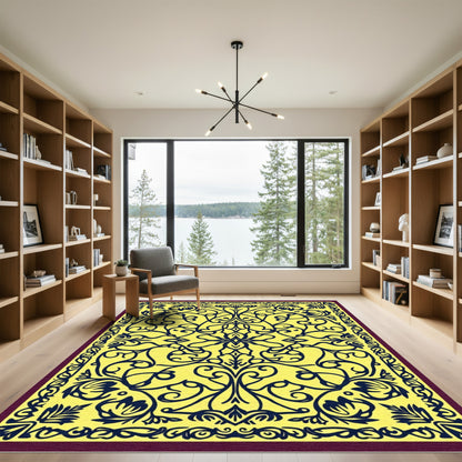 Yellow Indigo Scrolling Floral Vine Rug