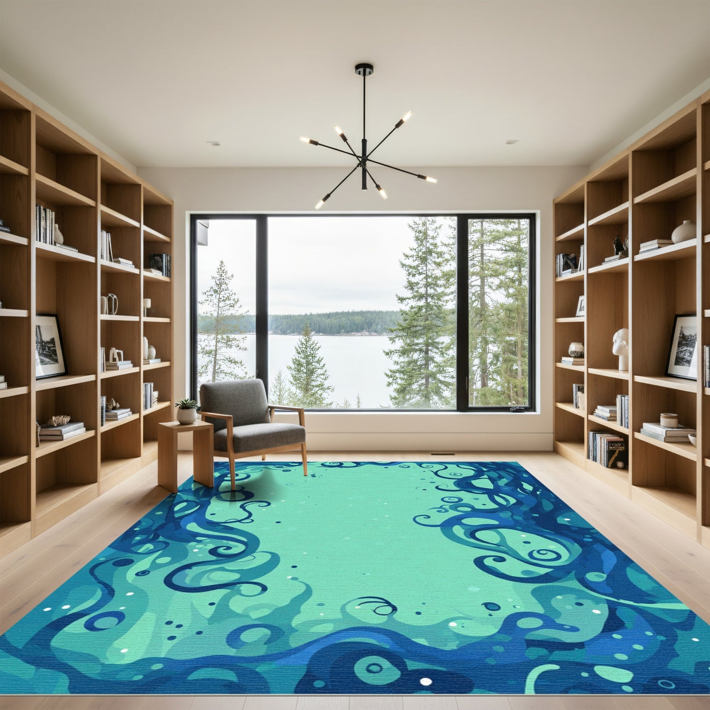 Aqua Blue Swirling Organic Coral Rug
