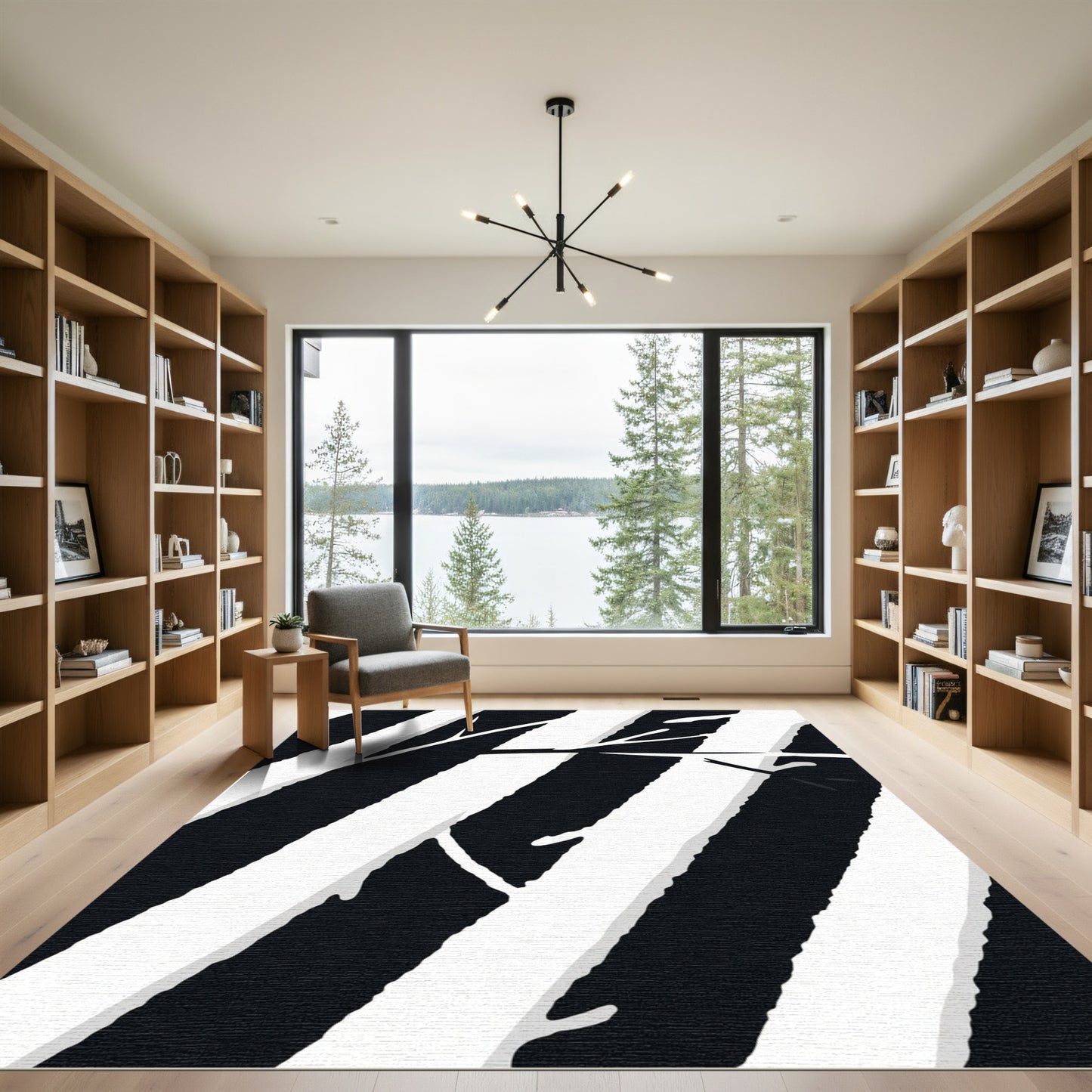 Black White Diagonal Stripe Branches Rug