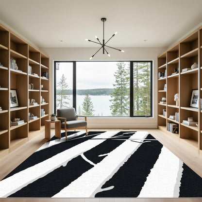 Black White Diagonal Stripe Branches Rug