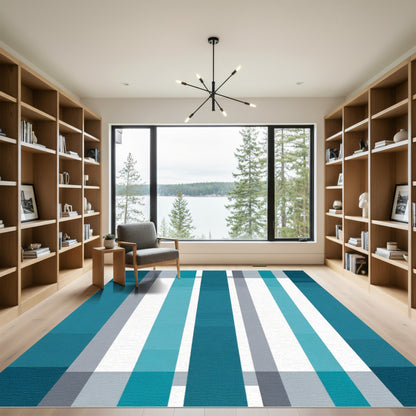 Modern Teal Gray Vertical Stripe Rug