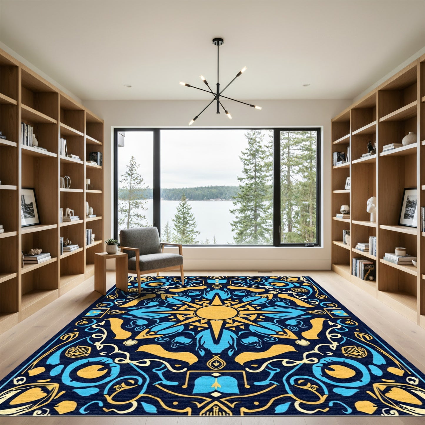Golden Blue Sunburst Mandala Rug
