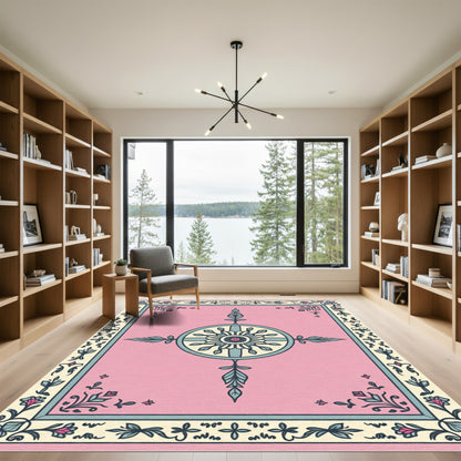 Pink Teal Floral Medallion Border Rug