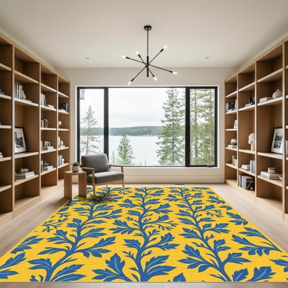 Blue Leaf Vine Yellow Background Rug