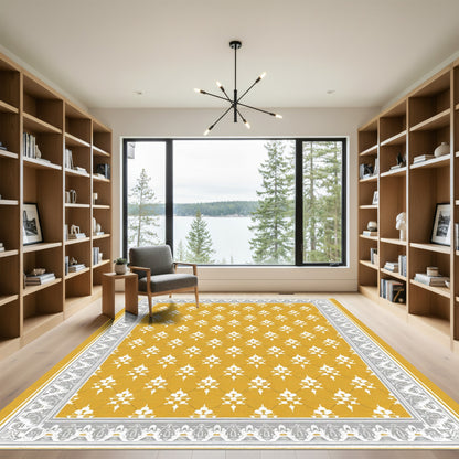 Golden White Geometric Floral Border Rug