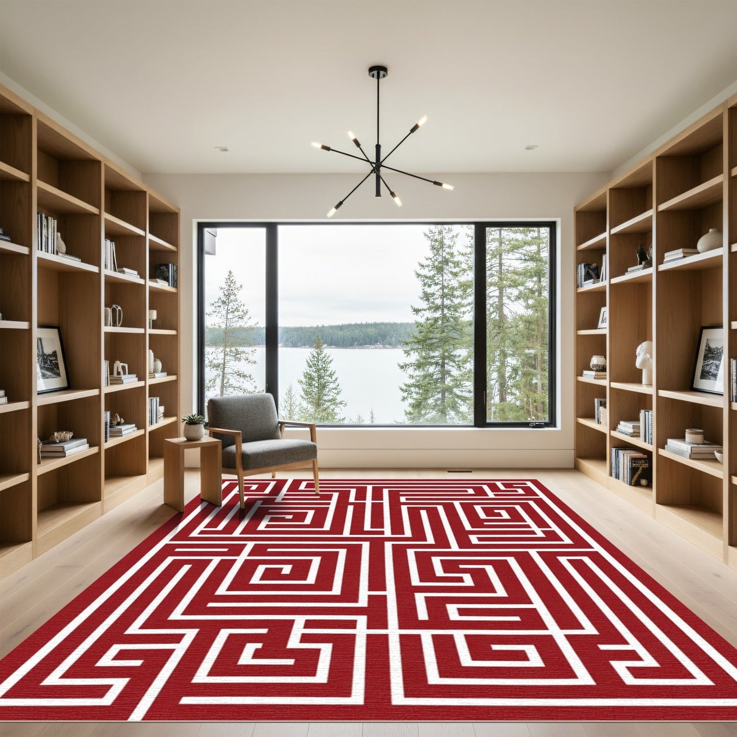 Crimson White Geometric Maze Rug