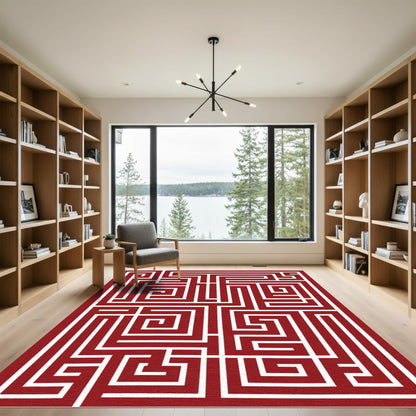 Crimson White Geometric Maze Rug