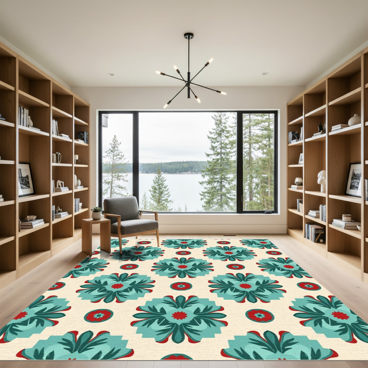 Teal Red Floral Medallion Pattern Rug