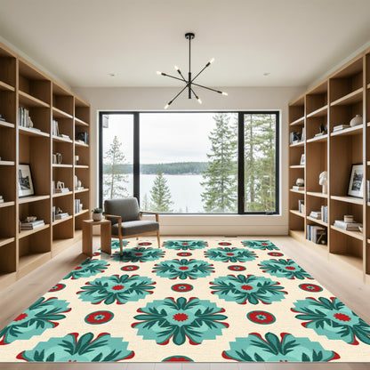 Teal Red Floral Medallion Pattern Rug