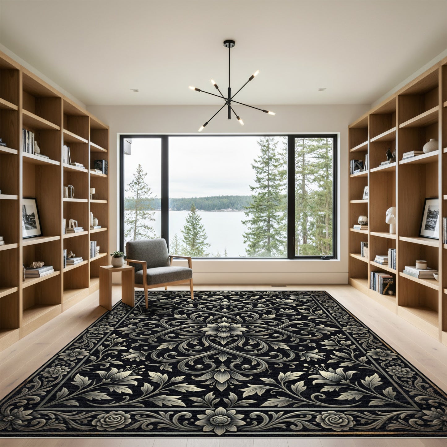 Intricate Floral Scrollwork Monochrome Rug