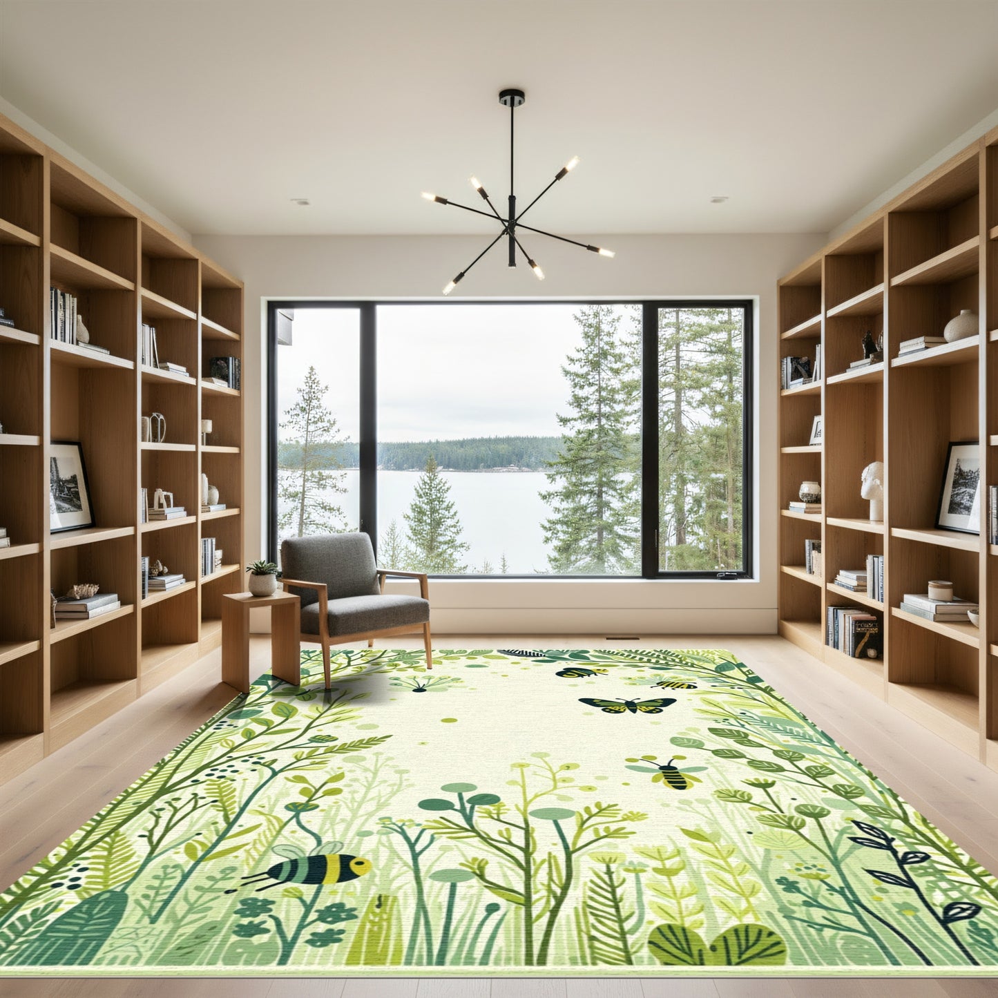 Green Floral Garden Butterflies Bees Rug