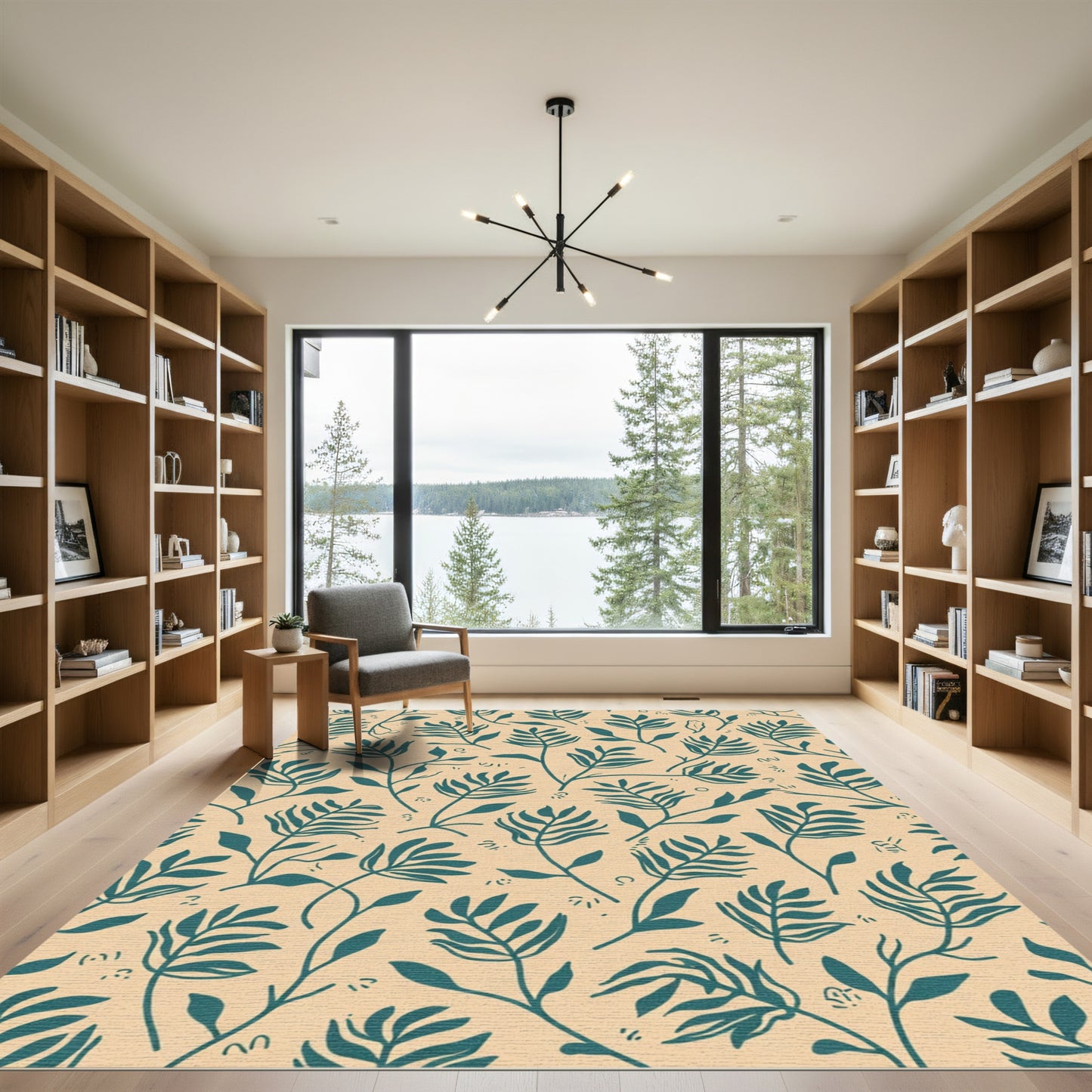 Teal Leafy Branch Pattern on Beige Rug