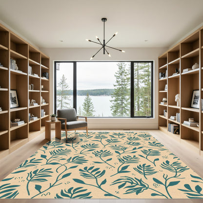 Teal Leafy Branch Pattern on Beige Rug