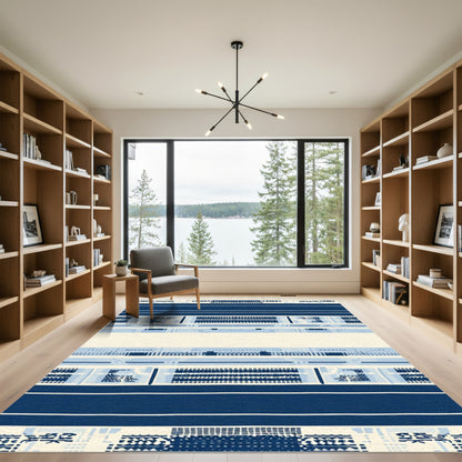 Indigo And Cream Geometric Band Rug