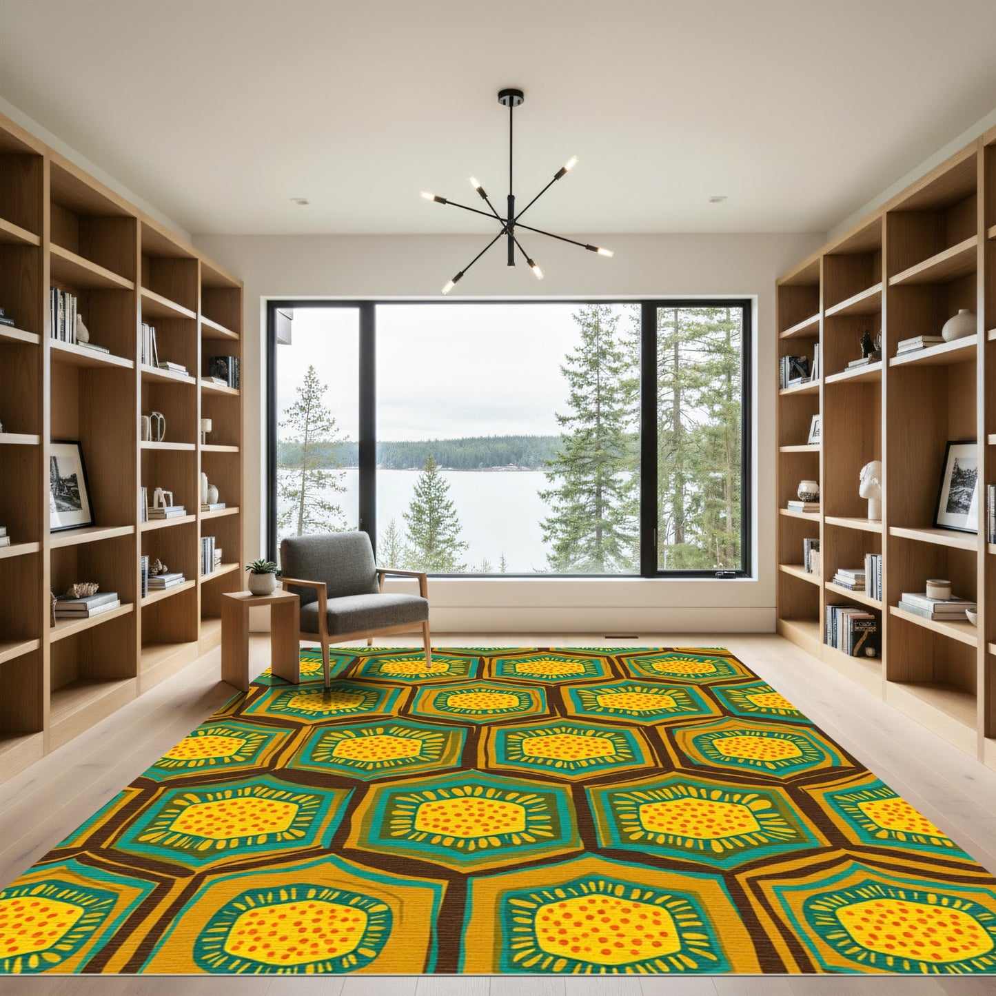 Golden Teal Hexagonal Medallion Rug