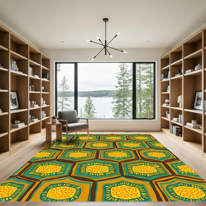 Golden Teal Hexagonal Medallion Rug