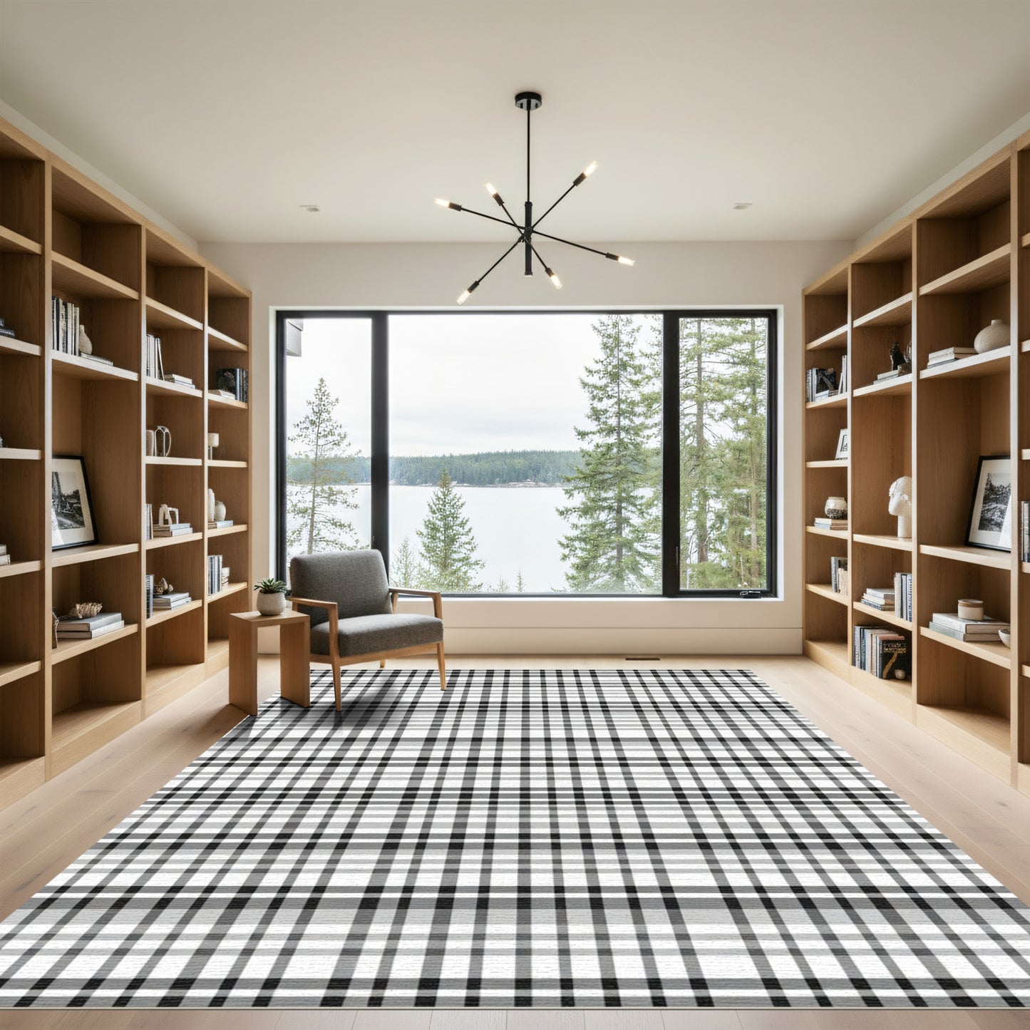 Classic Black White Plaid Squares Rug